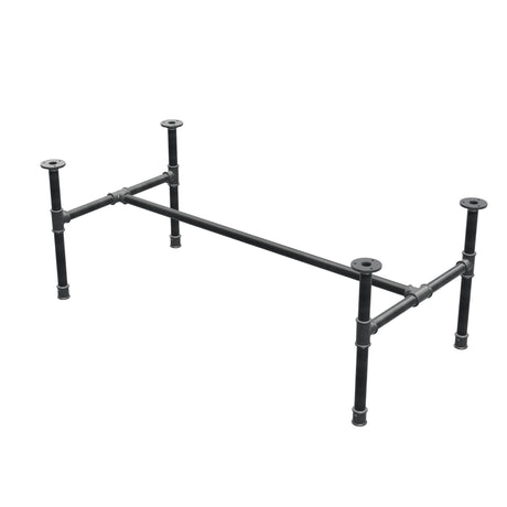 Base de mesa de centro industrial em ferro fundido, em H, 111 × 55 cm, altura 42 cm, vista de três quartos