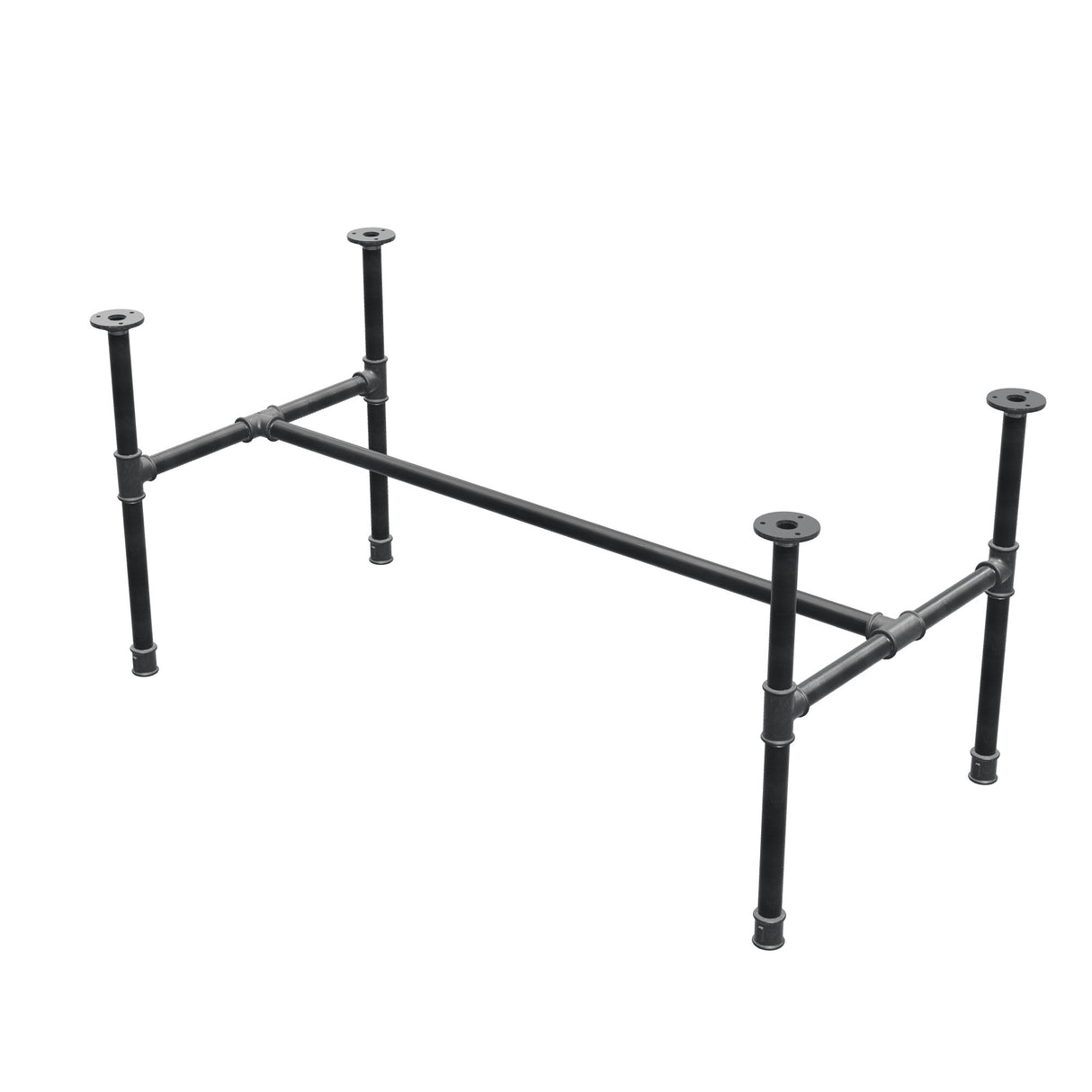 Base de mesa de centro industrial em ferro fundido, em H, 111 × 55 cm, altura 52 cm, vista de três quartos