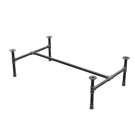 Base de mesa de centro industrial em ferro fundido, em H, 111 × 65 cm, altura 32 cm, vista de três quartos