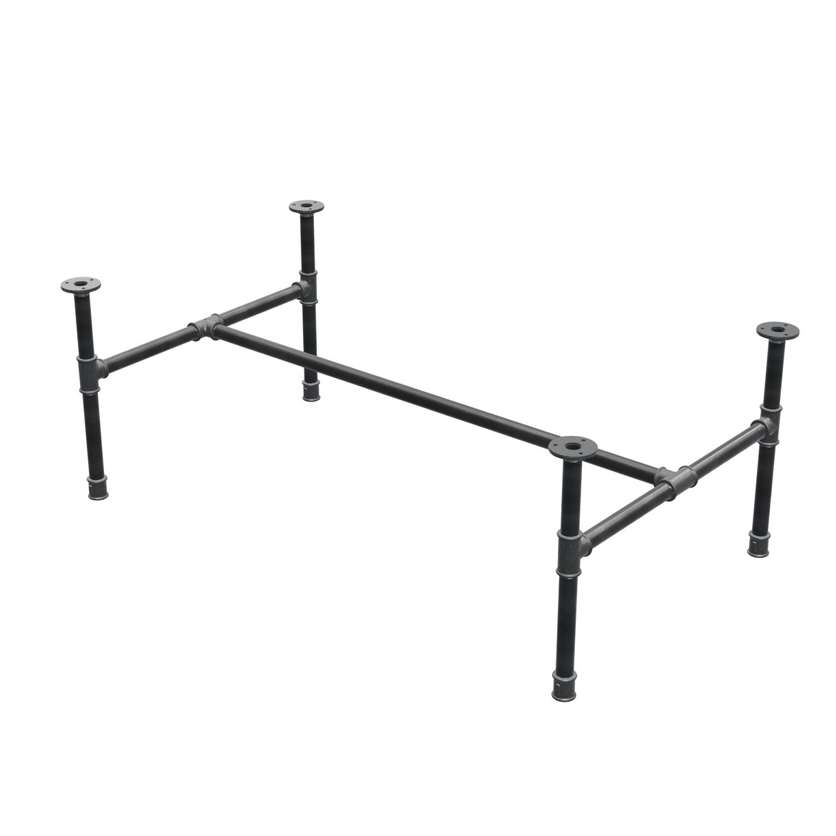 Base de mesa de centro industrial em ferro fundido, em H, 111 × 65 cm, altura 42 cm, vista de três quartos