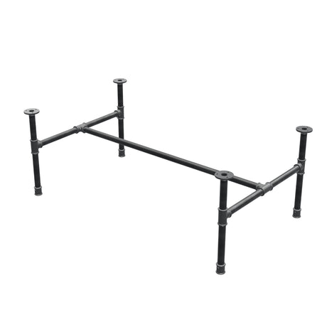 Base de mesa de centro industrial em ferro fundido, em H, 111 × 65 cm, altura 42 cm, vista de três quartos