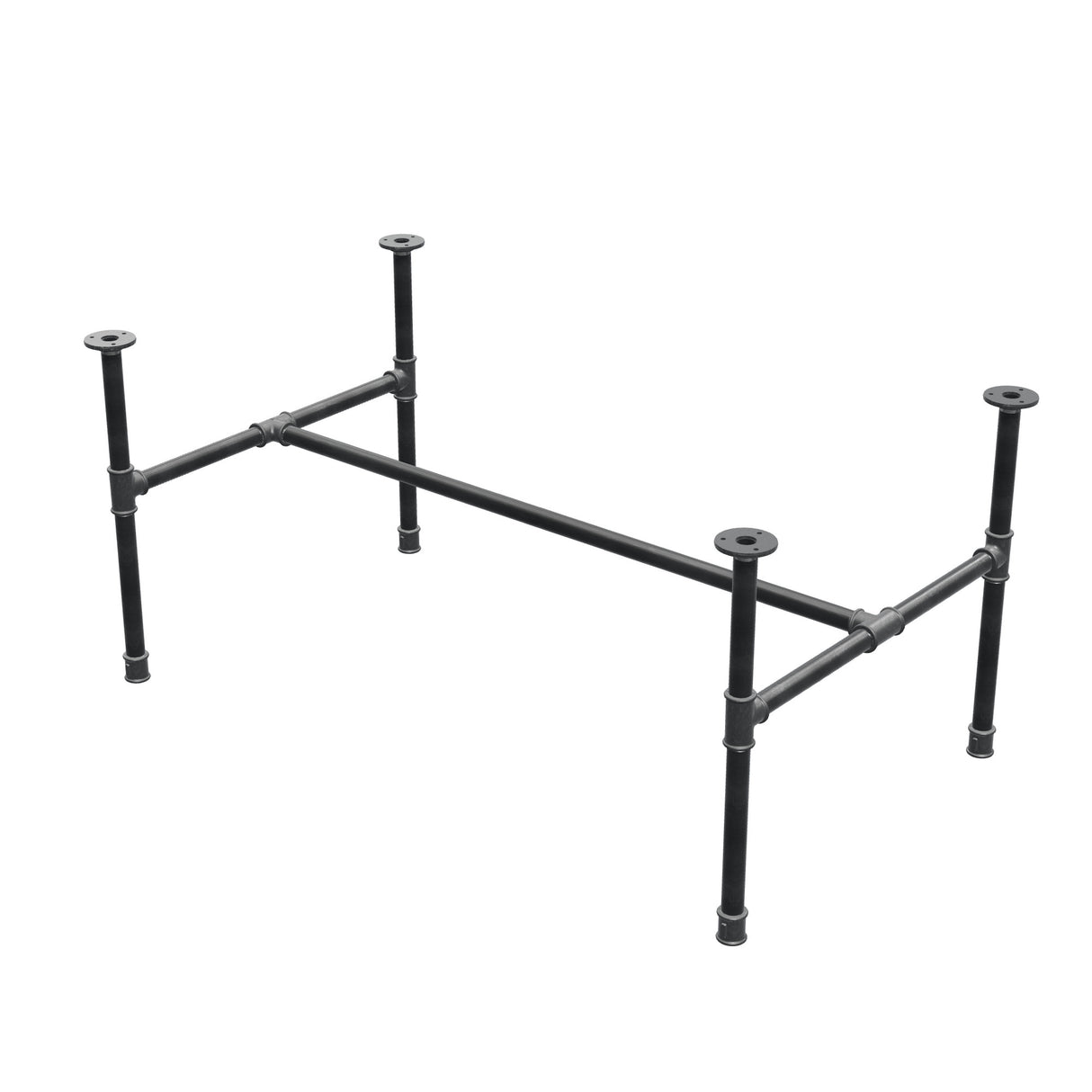 Base de mesa de centro industrial em ferro fundido, em H, 111 × 65 cm, altura 52 cm, vista de três quartos