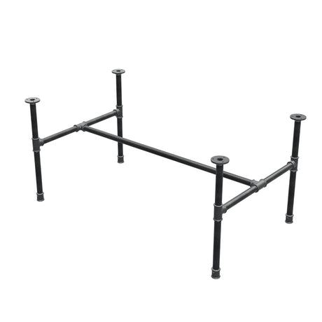 Base de mesa de centro industrial em ferro fundido, em H, 111 × 65 cm, altura 52 cm, vista de três quartos