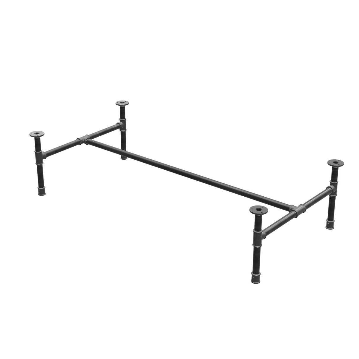 Base de mesa de centro industrial em ferro fundido, em H, 131 × 65 cm, altura 32 cm, vista de três quartos