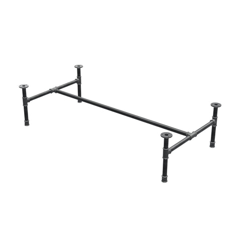 Base de mesa de centro industrial em ferro fundido, em H, 131 × 65 cm, altura 32 cm, vista de três quartos
