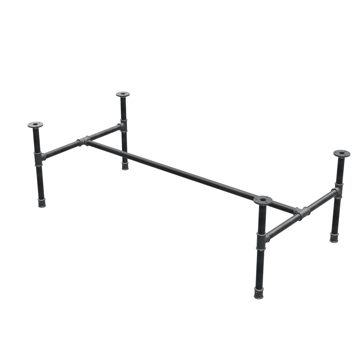Base de mesa de centro industrial em ferro fundido, em H, 131 × 65 cm, altura 42 cm, vista de três quartos