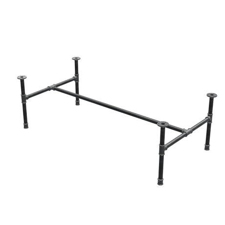 Base de mesa de centro industrial em ferro fundido, em H, 131 × 65 cm, altura 42 cm, vista de três quartos