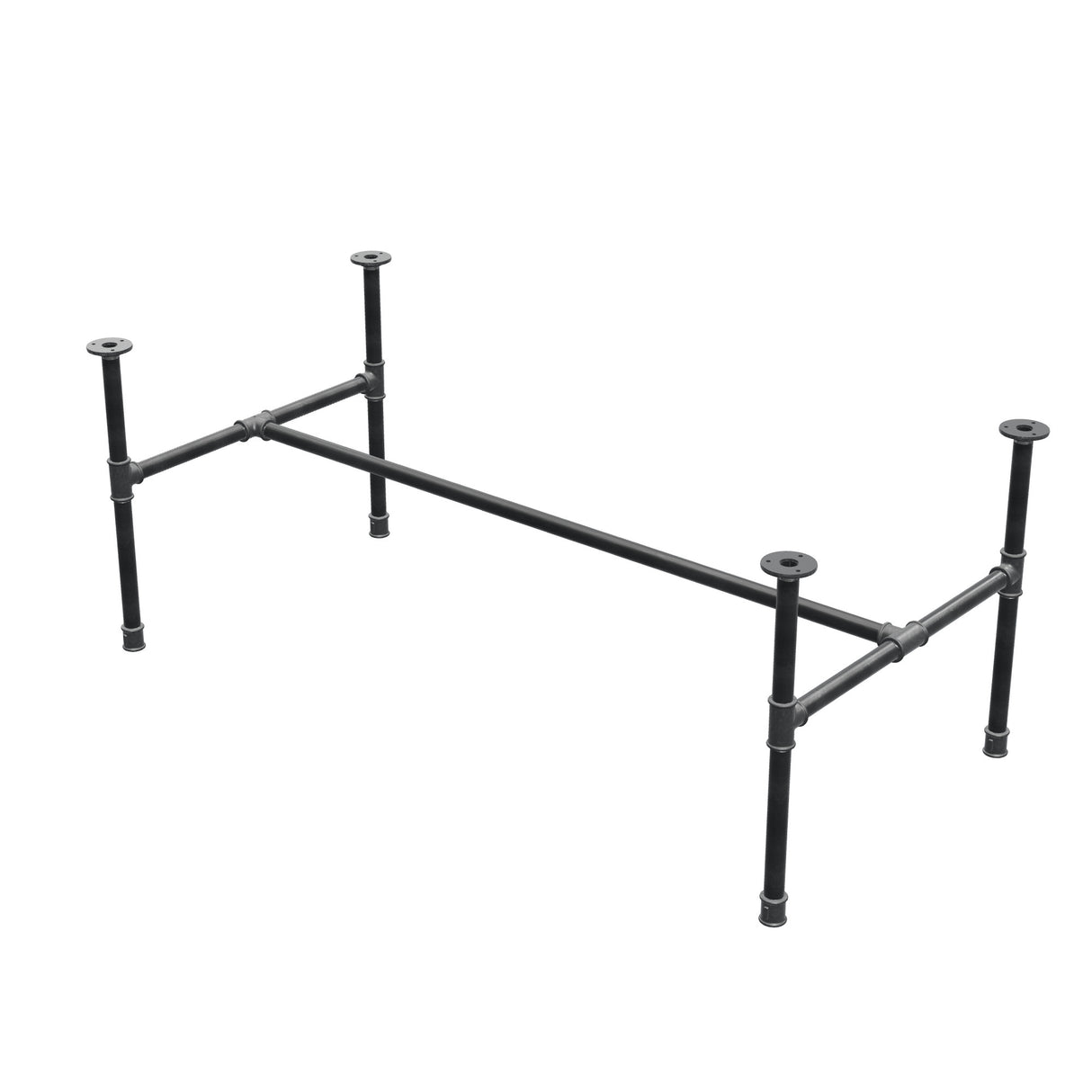 Base de mesa de centro industrial em ferro fundido, em H, 131 × 65 cm, altura 52 cm, vista de três quartos