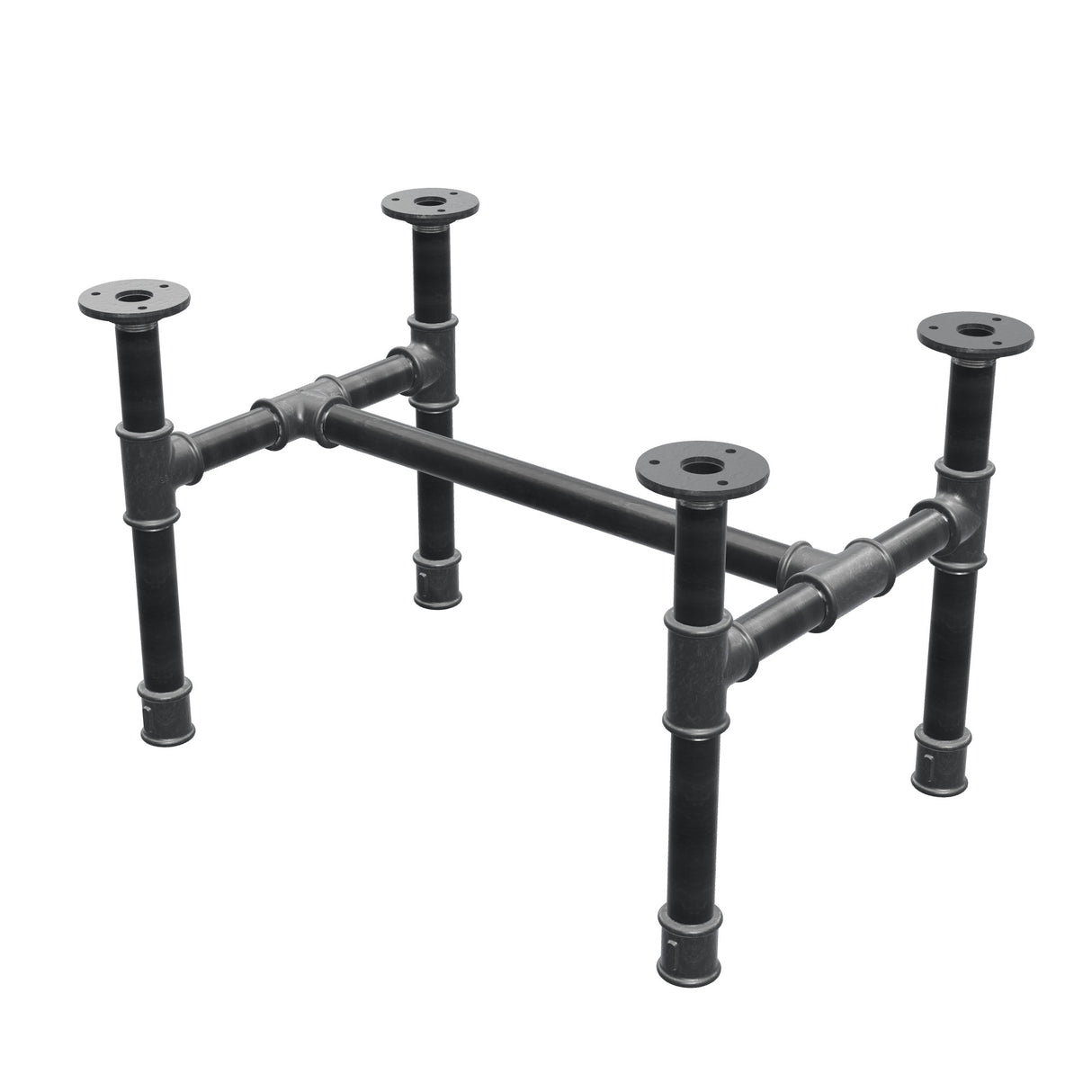 Base de mesa de centro industrial em ferro fundido, em H, 51 × 35 cm, altura 32 cm, vista de três quartos