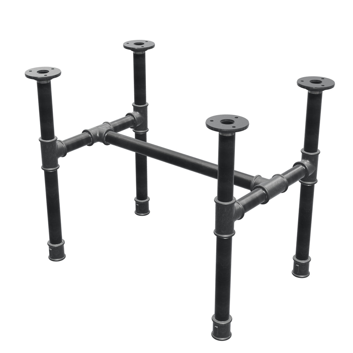 Base de mesa de centro industrial em ferro fundido, em H, 51 × 35 cm, altura 42 cm, vista de três quartos