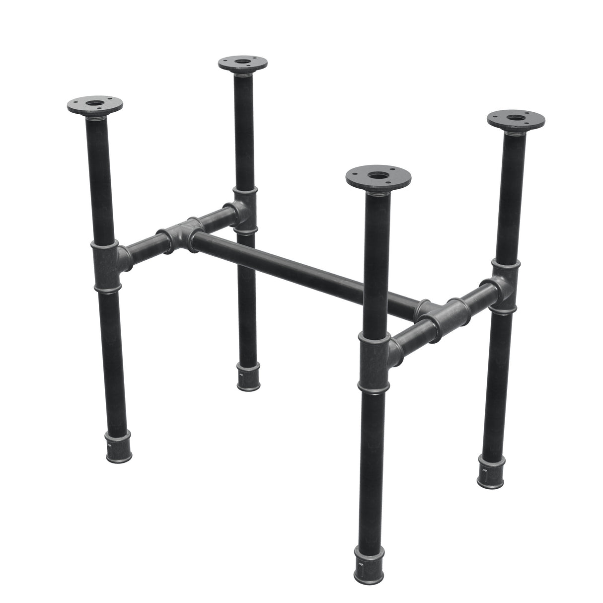 Base de mesa de centro industrial em ferro fundido, em H, 51 × 35 cm, altura 52 cm, vista de três quartos