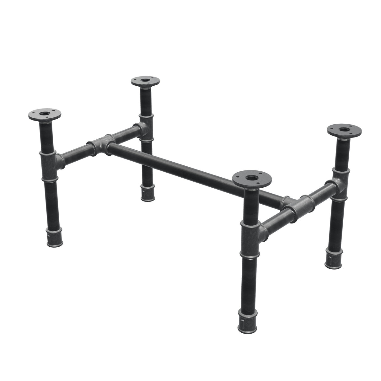 Base de mesa de centro industrial em ferro fundido, em H, 61 × 39 cm, altura 32 cm, vista de três quartos