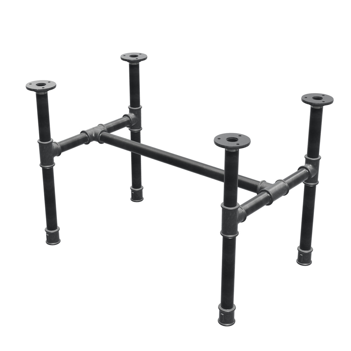 Base de mesa de centro industrial em ferro fundido, em H, 61 × 39 cm, altura 42 cm, vista de três quartos