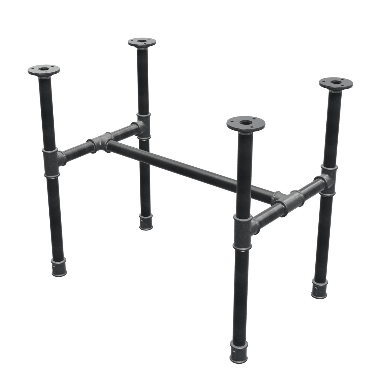 Base de mesa de centro industrial em ferro fundido, em H, 61 × 39 cm, altura 52 cm, vista de três quartos