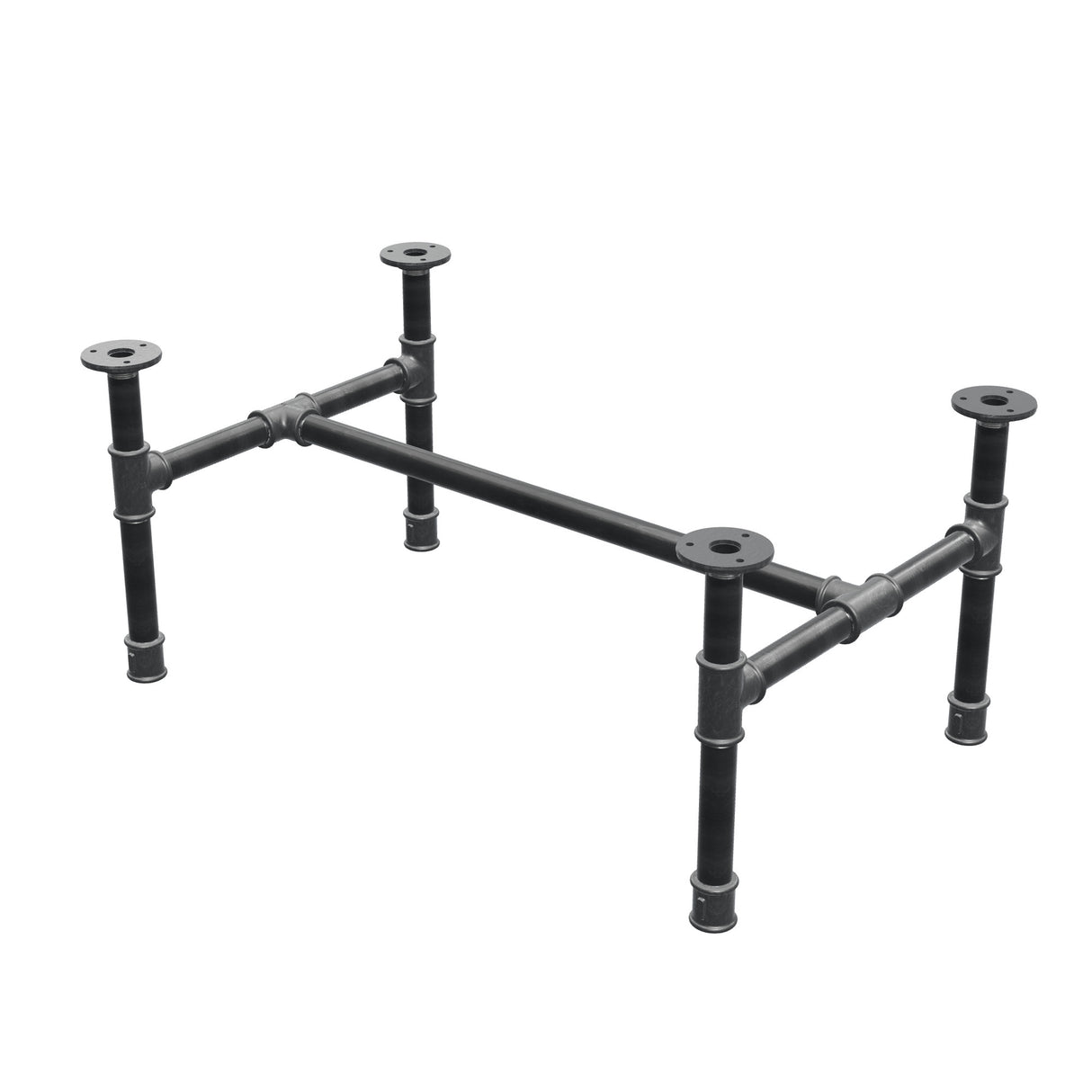 Base de mesa de centro industrial em ferro fundido, em H, 71 × 45 cm, altura 32 cm, vista de três quartos