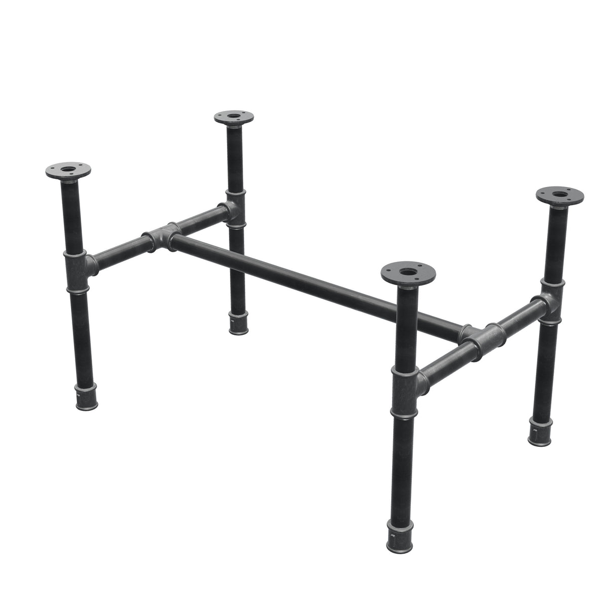 Base de mesa de centro industrial em ferro fundido, em H, 71 × 45 cm, altura 42 cm, vista de três quartos
