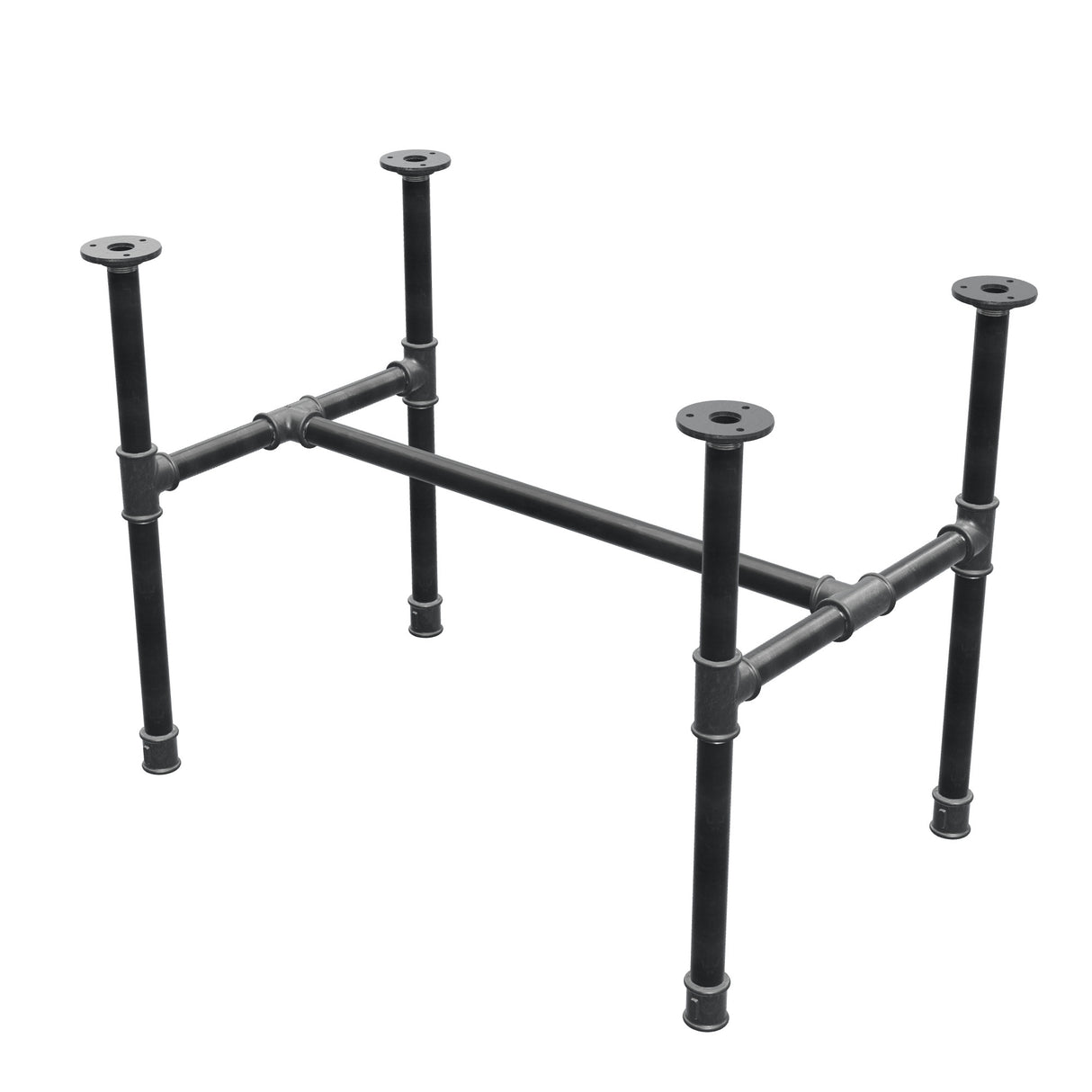 Base de mesa de centro industrial em ferro fundido, em H, 71 × 45 cm, altura 52 cm, vista de três quartos