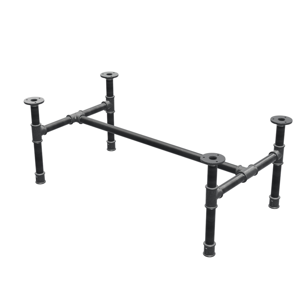 Base de mesa de centro industrial em ferro fundido, em H, 81 × 45 cm, altura 32 cm, vista de três quartos