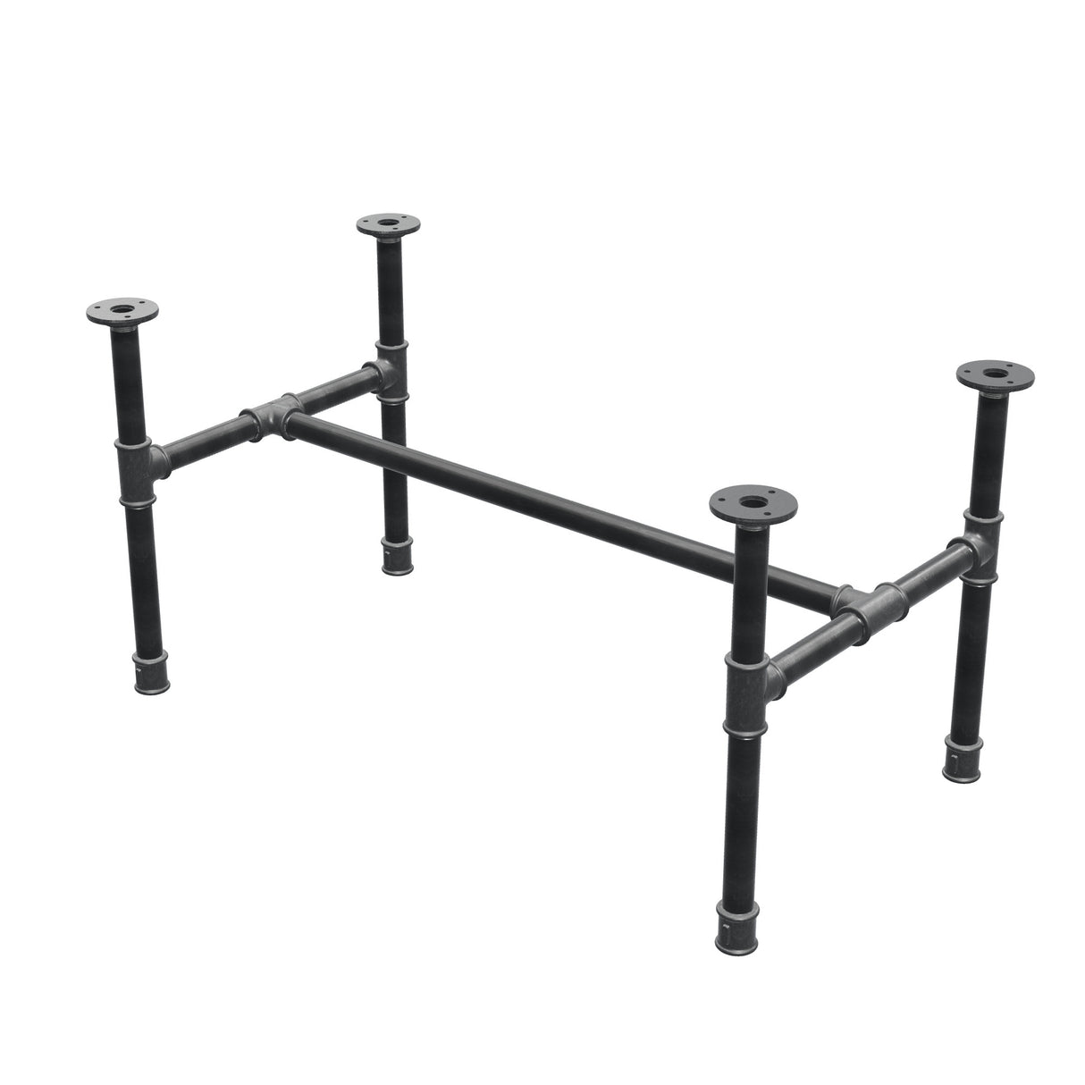 Base de mesa de centro industrial em ferro fundido, em H, 81 × 45 cm, altura 42 cm, vista de três quartos