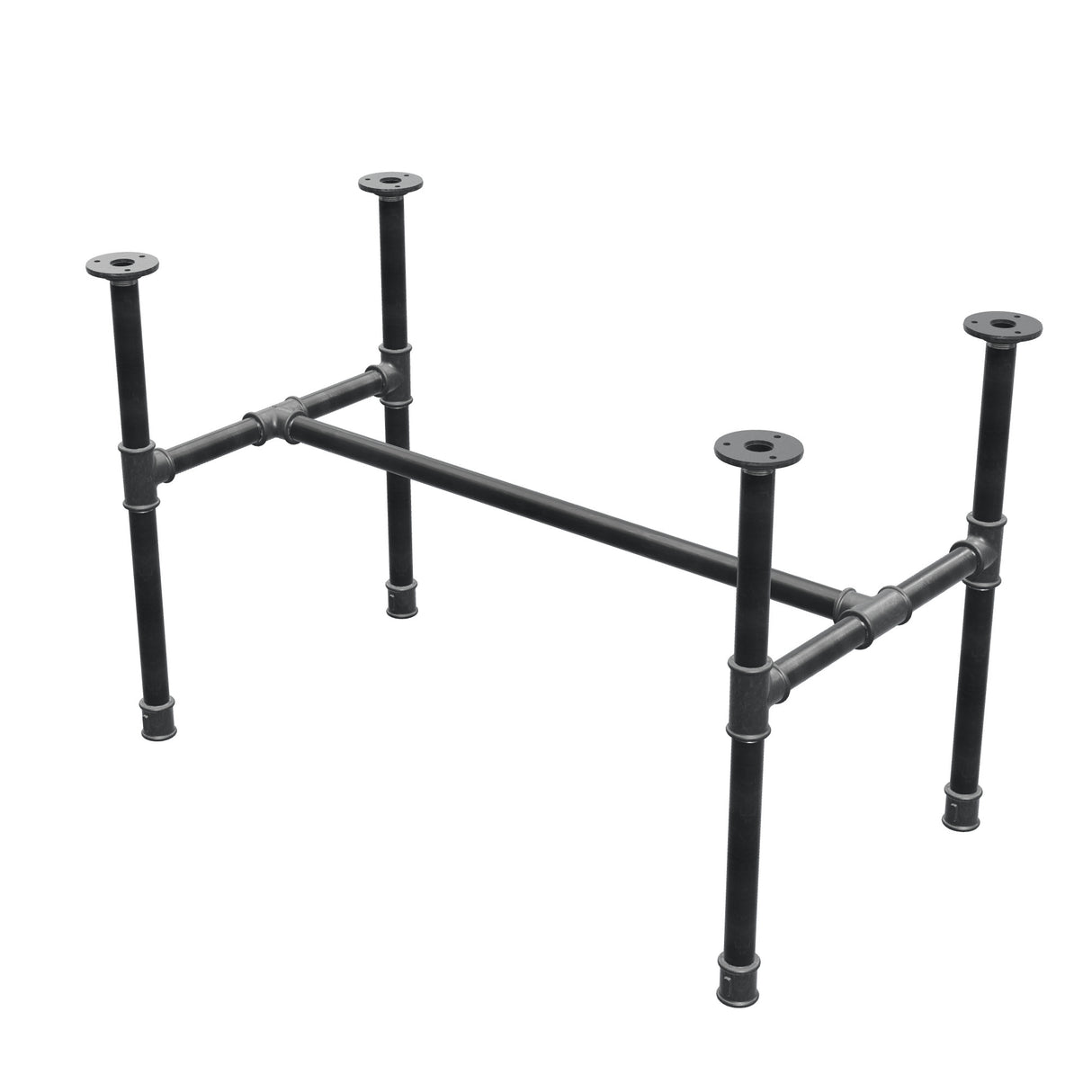 Base de mesa de centro industrial em ferro fundido, em H, 81 × 45 cm, altura 52 cm, vista de três quartos
