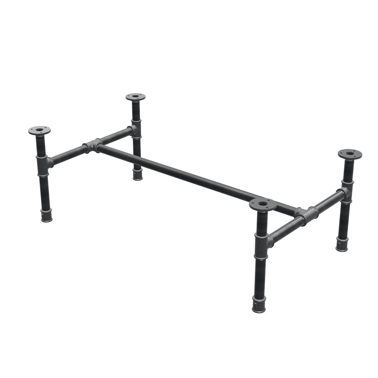 Base de mesa de centro industrial em ferro fundido, em H, 91 × 51 cm, altura 32 cm, vista de três quartos