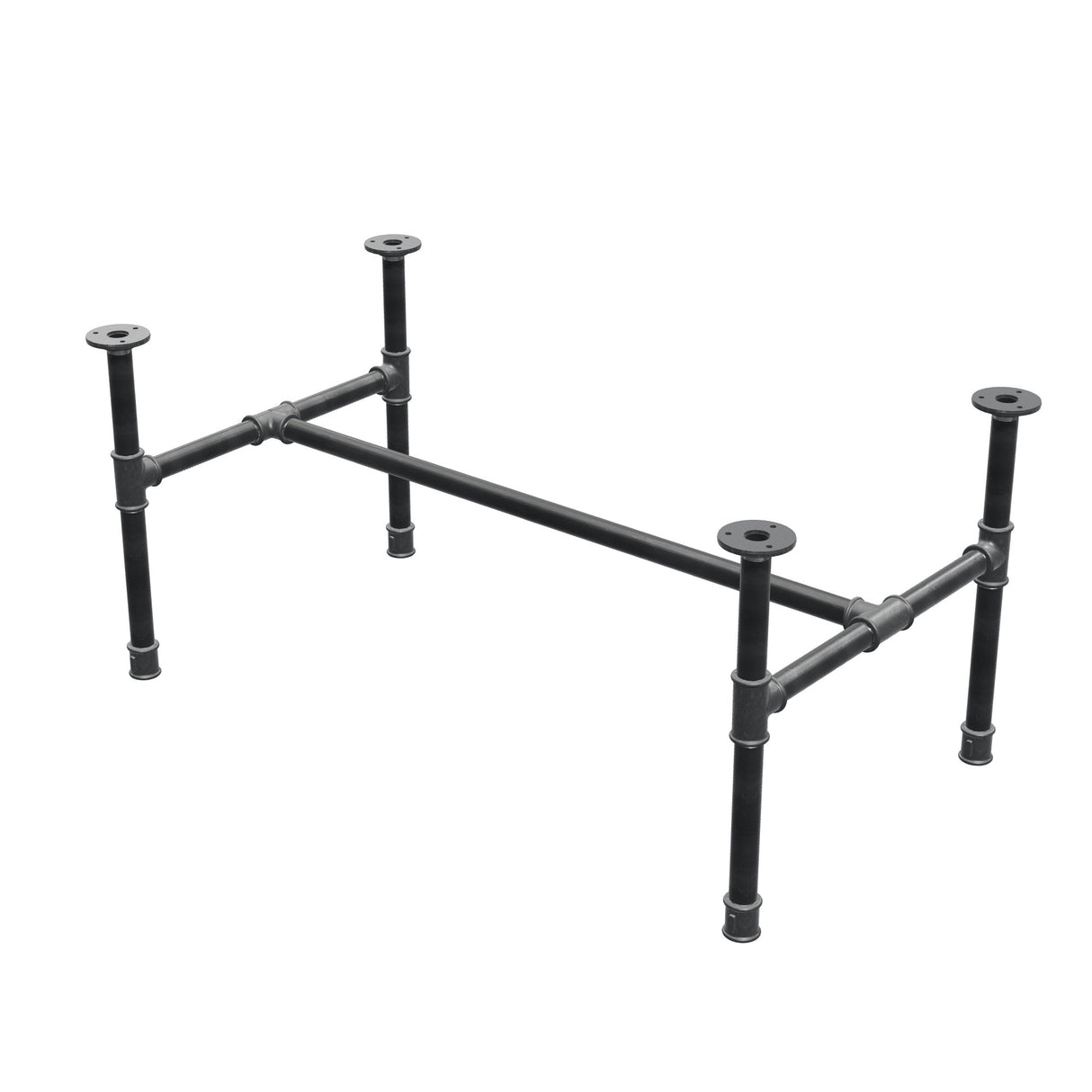 Base de mesa de centro industrial em ferro fundido, em H, 91 × 51 cm, altura 42 cm, vista de três quartos
