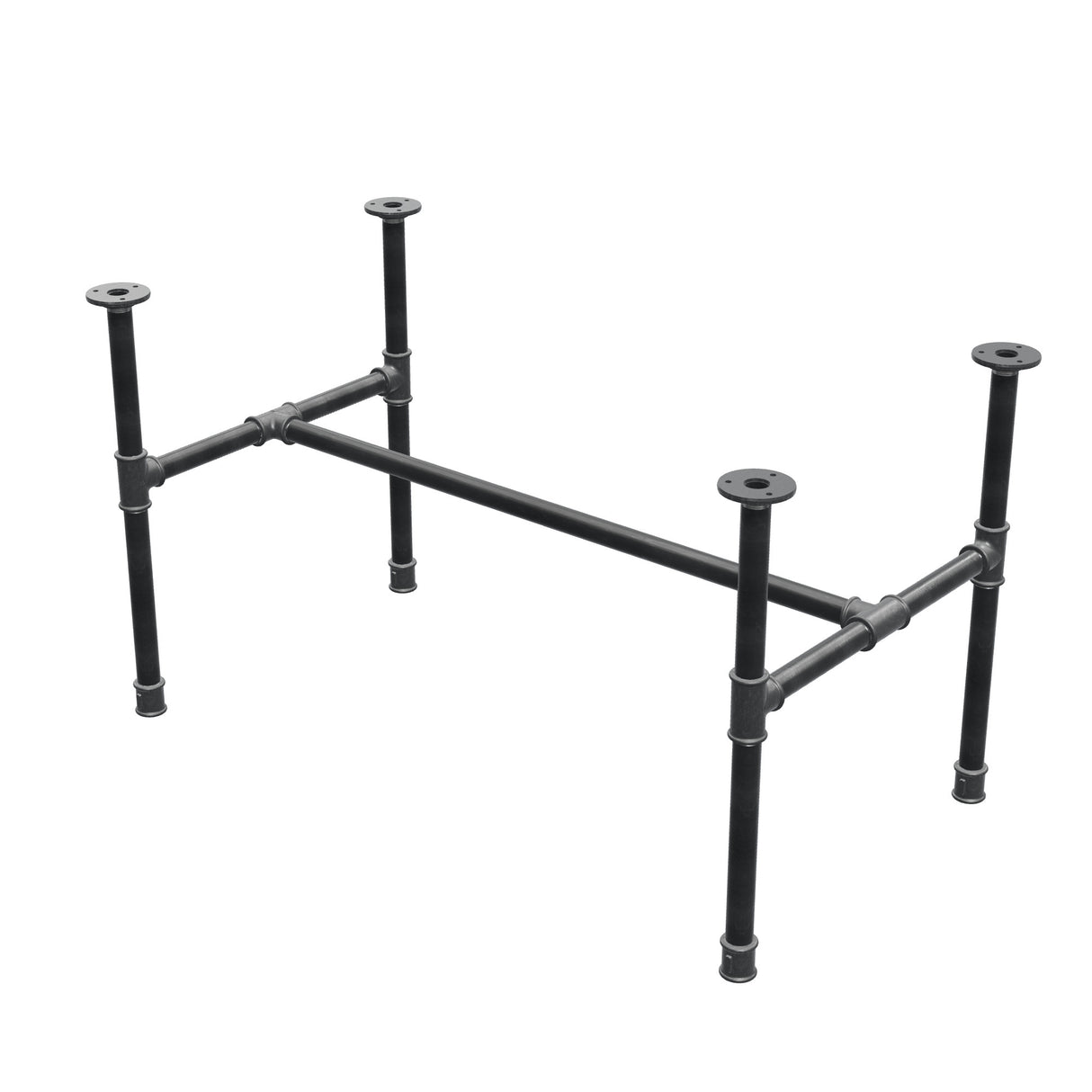 Base de mesa de centro industrial em ferro fundido, em H, 91 × 51 cm, altura 52 cm, vista de três quartos