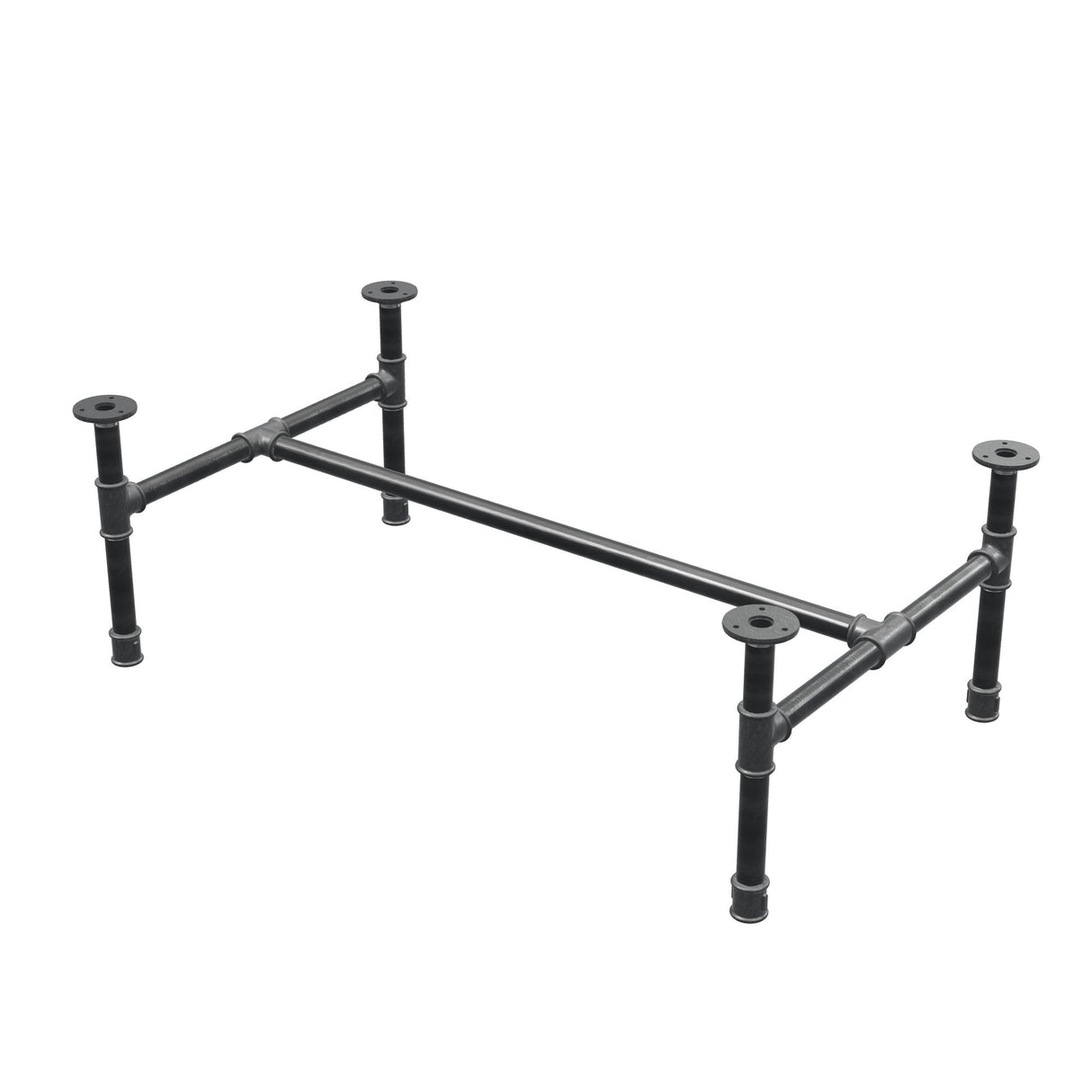 Base de mesa de centro industrial em ferro fundido, em H, 91 × 55 cm, altura 32 cm, vista de três quartos