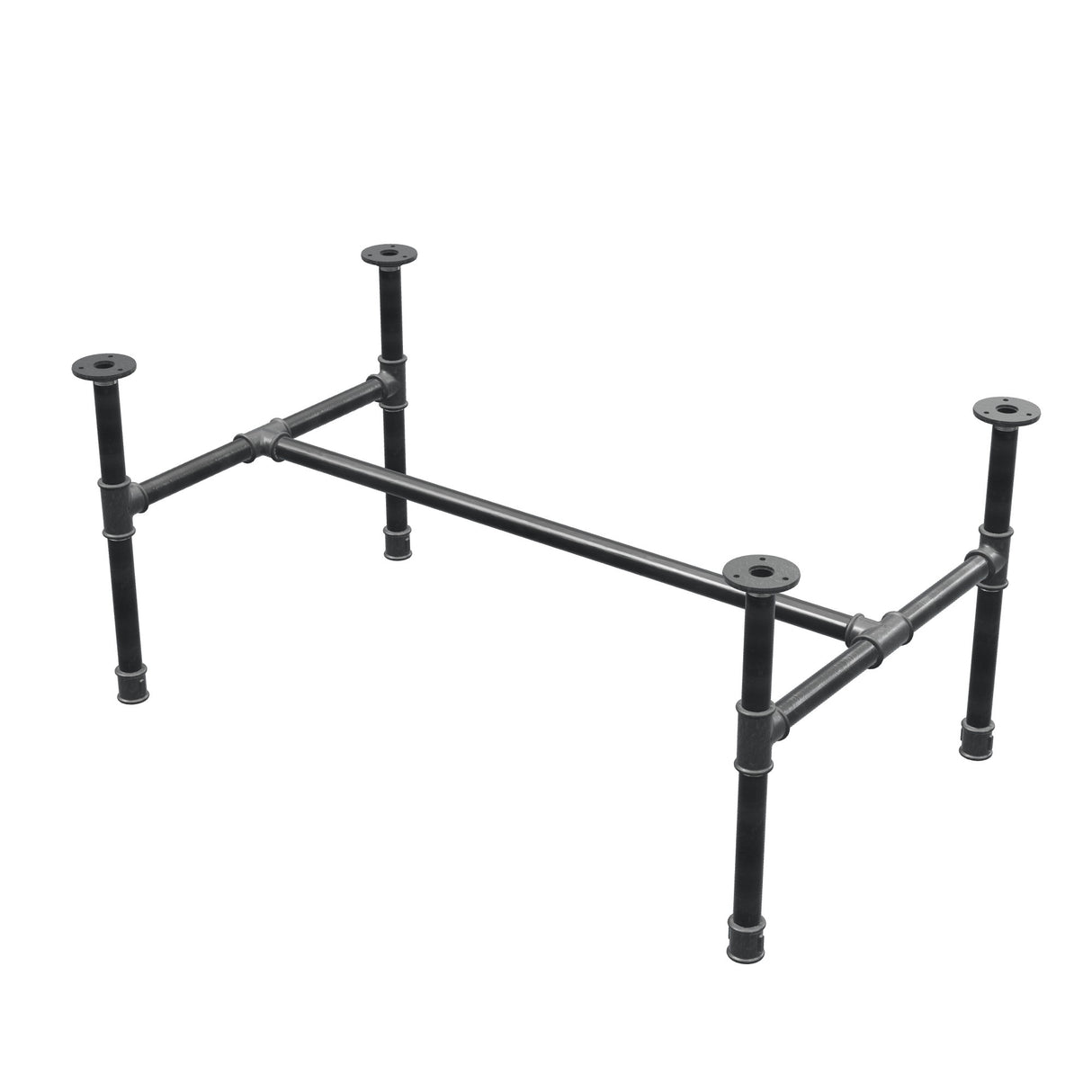 Base de mesa de centro industrial em ferro fundido, em H, 91 × 55 cm, altura 42 cm, vista de três quartos