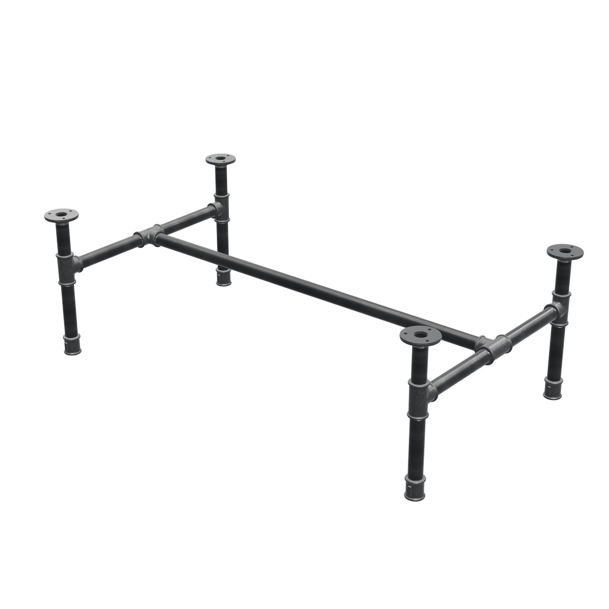 Base de mesa de centro industrial em ferro fundido, em H, 96 × 55 cm, altura 32 cm, vista de três quartos