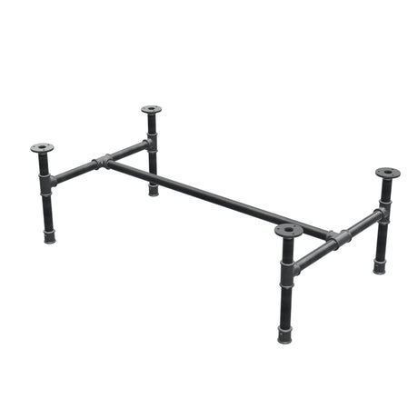 Base de mesa de centro industrial em ferro fundido, em H, 96 × 55 cm, altura 32 cm, vista de três quartos