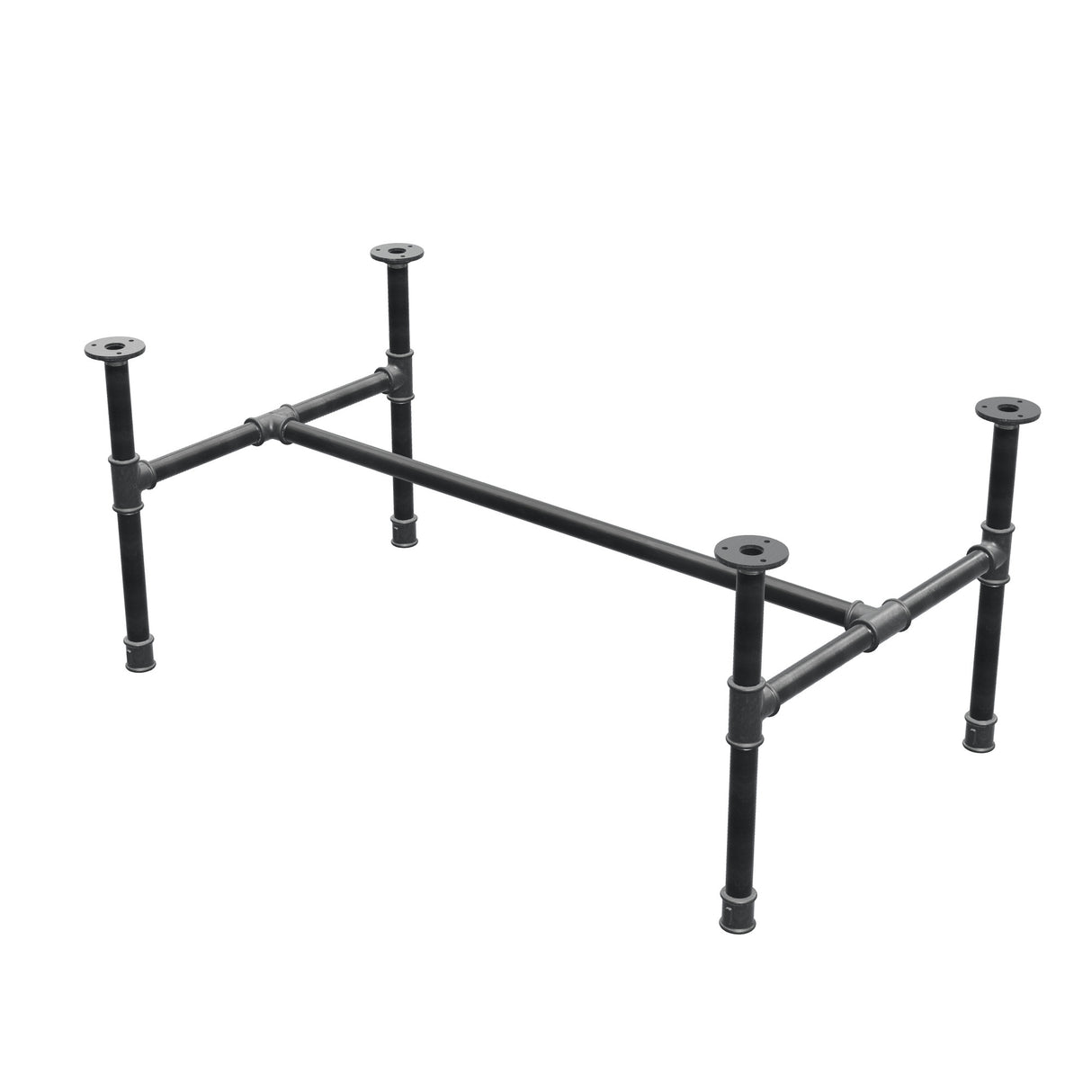 Base de mesa de centro industrial em ferro fundido, em H, 96 × 55 cm, altura 42 cm, vista de três quartos