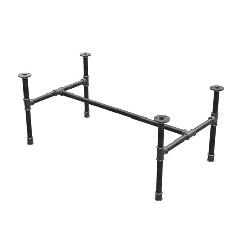 Base de mesa de centro industrial em ferro fundido, em H, 96 × 55 cm, altura 42 cm, vista de três quartos