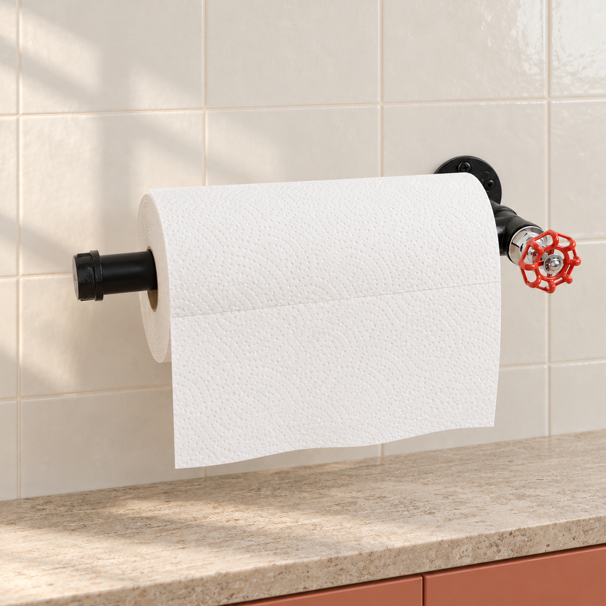 Porta-rolos de cozinha preto com volante vermelho — fixo à parede com um rolo